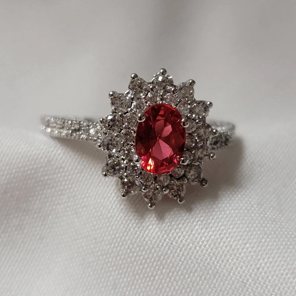 Gorgeous Halo Ruby and White Sapphire Simulated Stone Silver Tone Ring